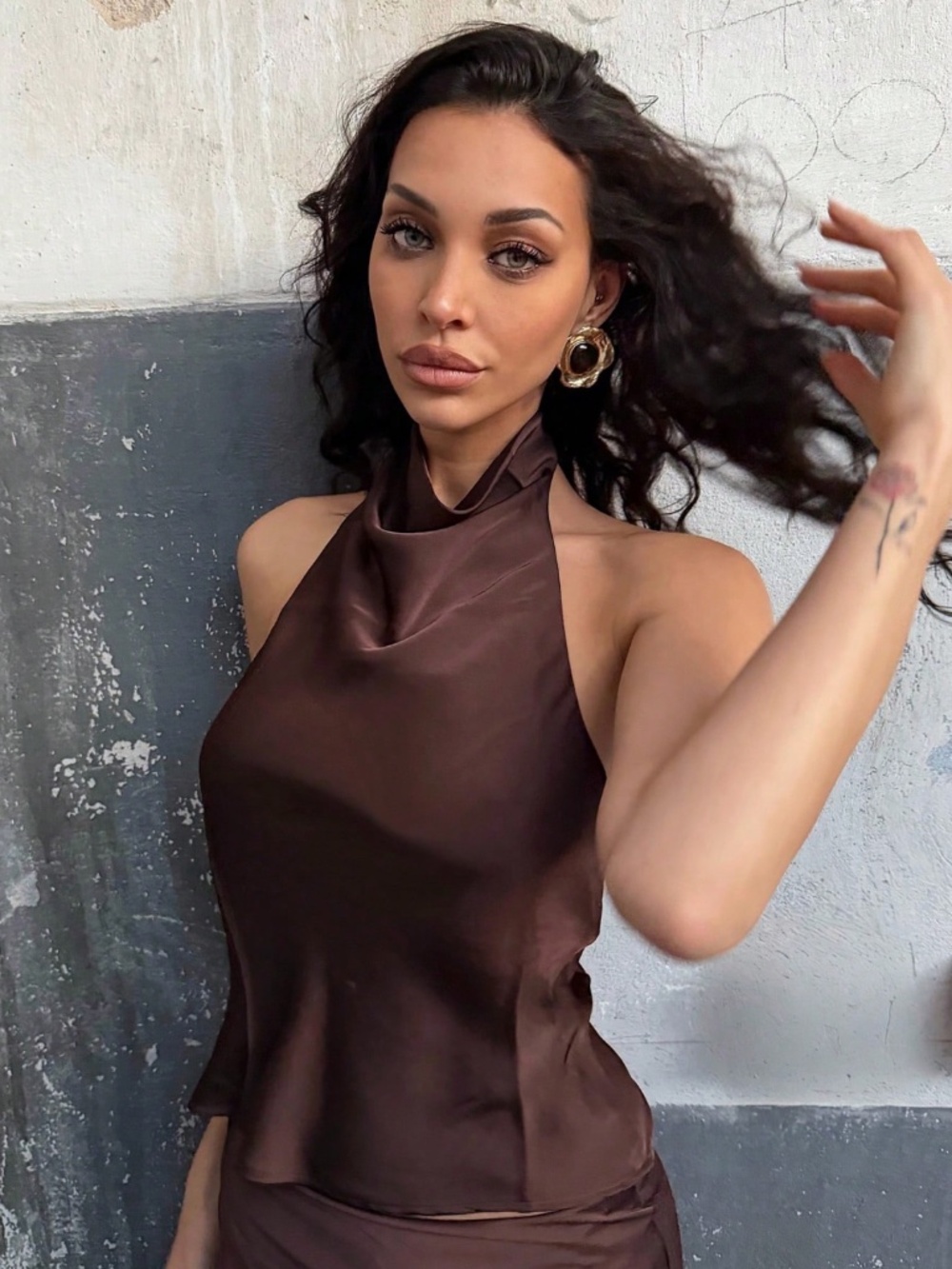 Brown Satin Cowl Halter Draped Neck Low Back Blouse Top - Picture 9 of 12